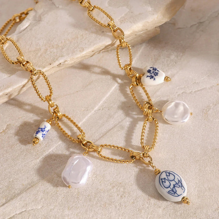 Gold-Plated Faux Pearl Charm Necklace for Women