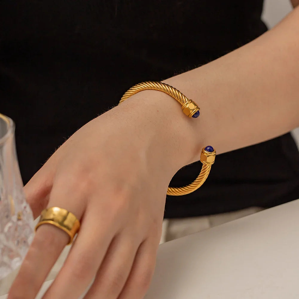 Gold-Plated Synthetic Stone Cuff Bracelet for Women