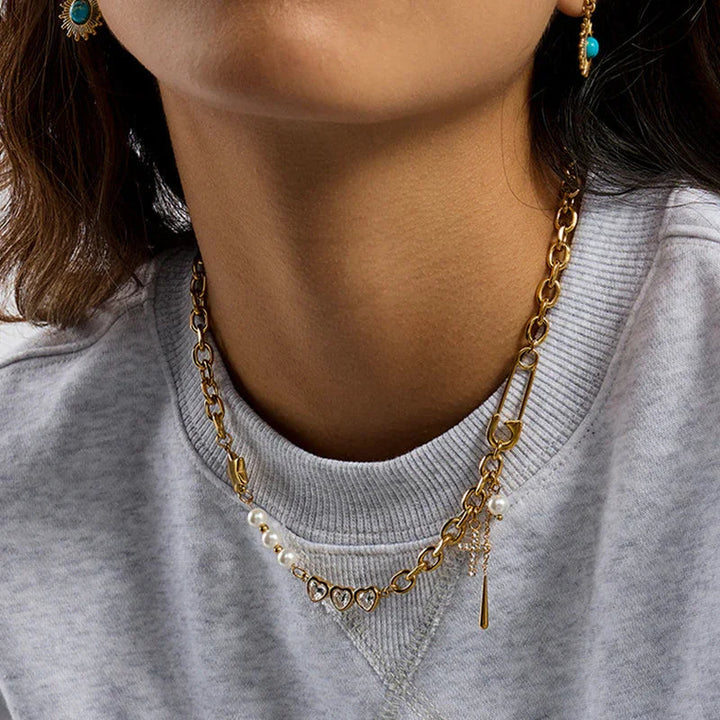 Gold Plated Cubic Zirconia Faux Pearl Chain Necklace for Women
