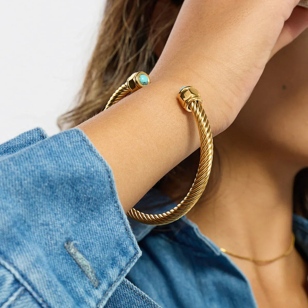 Gold-Plated Synthetic Stone Cuff Bracelet for Women