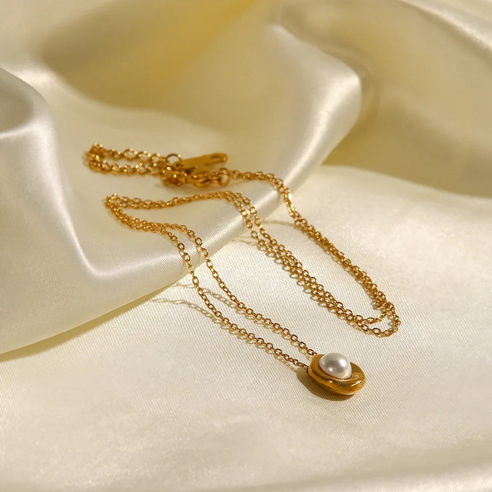 Gold-Tone Faux Pearl Oval Pendant Necklace