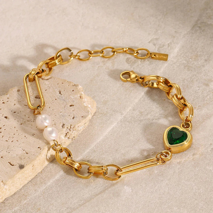 Gold Plated Stainless Steel Crystal Faux Pearl Bracelet for Women