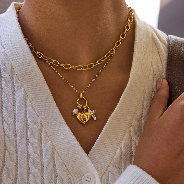 Gold-Plated Cubic Zirconia Heart Charm Pendant Necklace for Women
