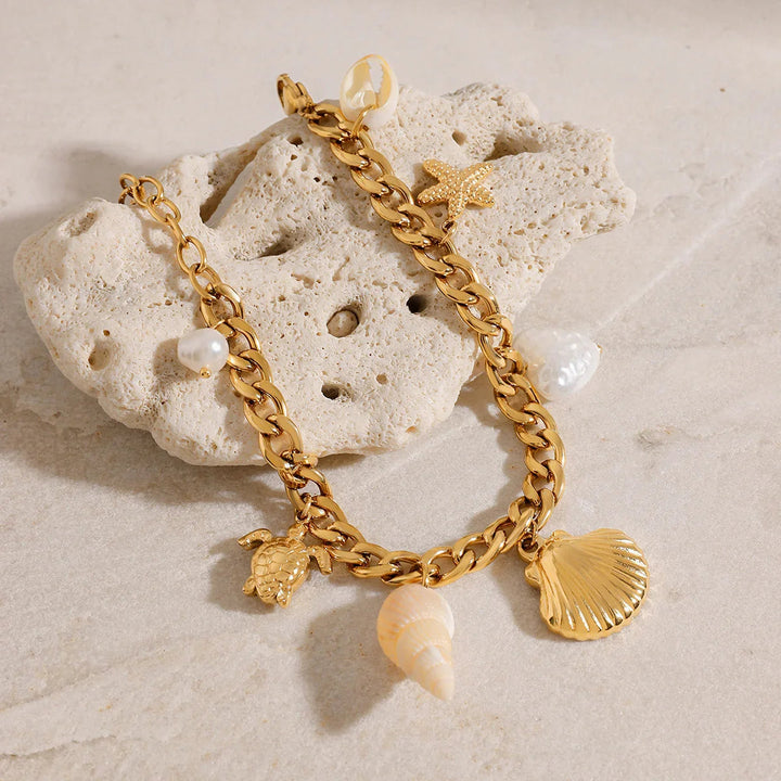 Gold-Plated Faux Pearl Charm Bracelet for Women