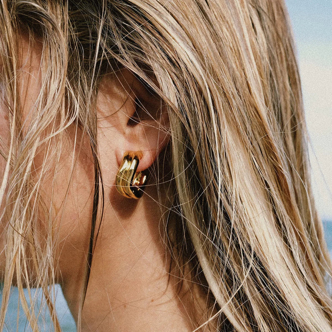 Gold Plated Stainless Steel Double Curve Hoop Earrings for Women