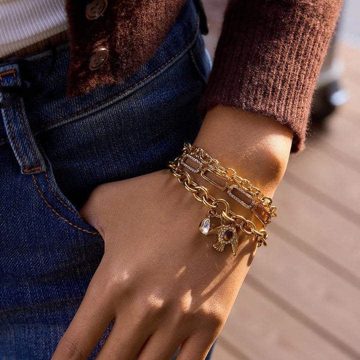 Gold-Plated Cubic Zirconia Layered Chain Bracelet Set for Women