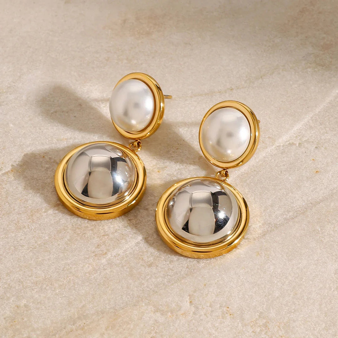 Gold-Plated Faux Pearl Dome Drop Earrings