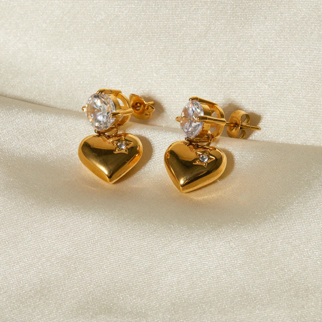 Gold-Plated Heart Earrings with CZ Diamond Simulant