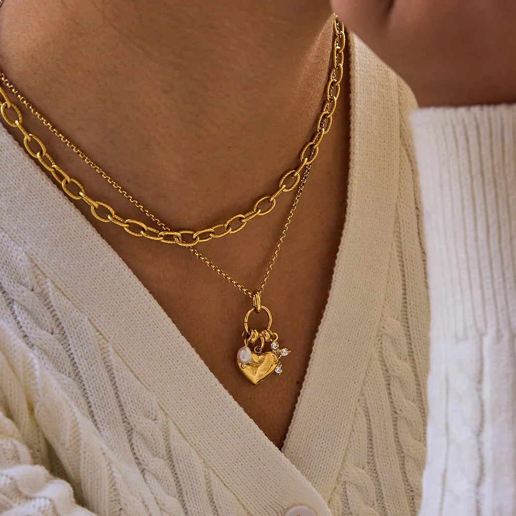 Gold-Plated Cubic Zirconia Heart Charm Pendant Necklace for Women
