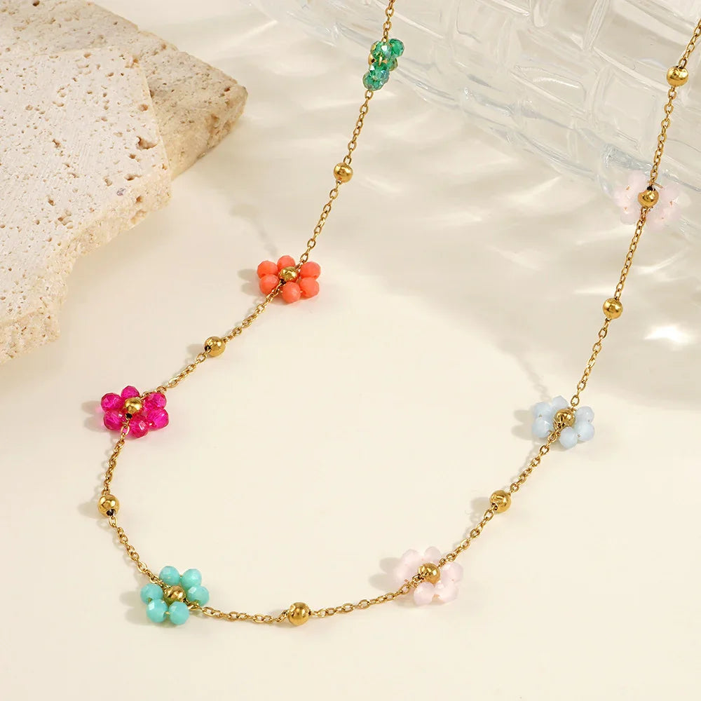 Gold-Plated Dainty Glass Flower Chain Necklace for Women