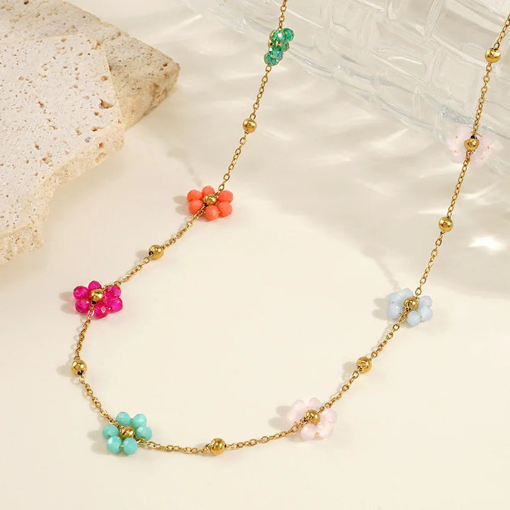Gold-Plated Dainty Glass Flower Chain Necklace for Women