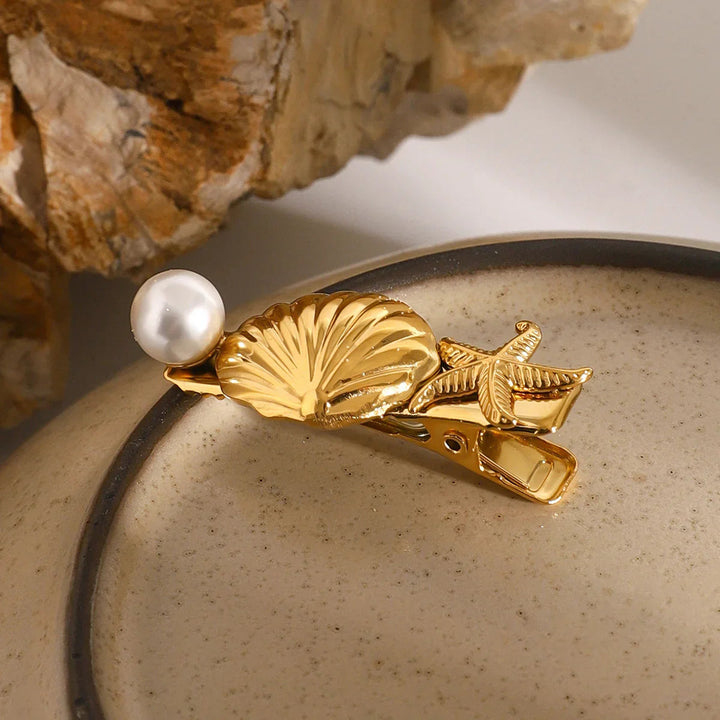 Gold-Plated Seashell Starfish and Faux Pearl Hair Clip