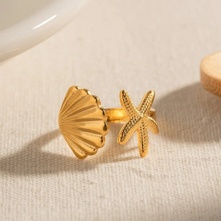 Gold-Plated Seashell and Starfish Adjustable Ring
