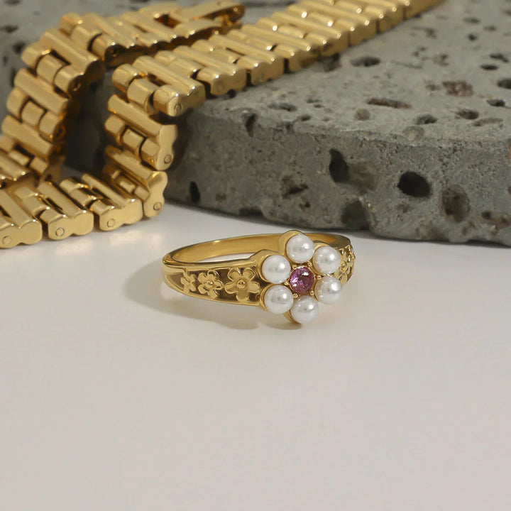 Gold-Plated Faux Pearl Floral Statement Ring for Women