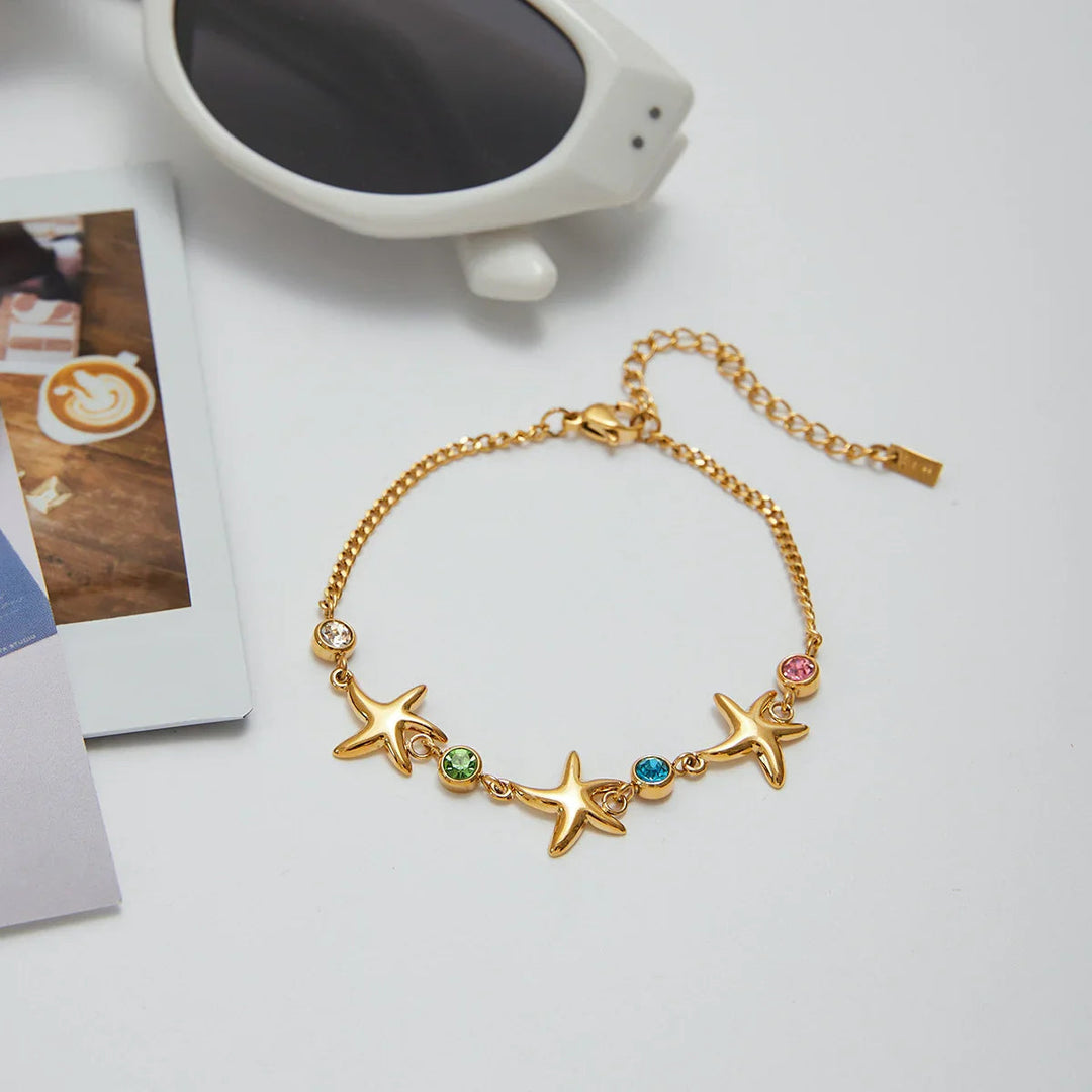 Gold Plated Stainless Steel Crystal Starfish Bracelet for Women