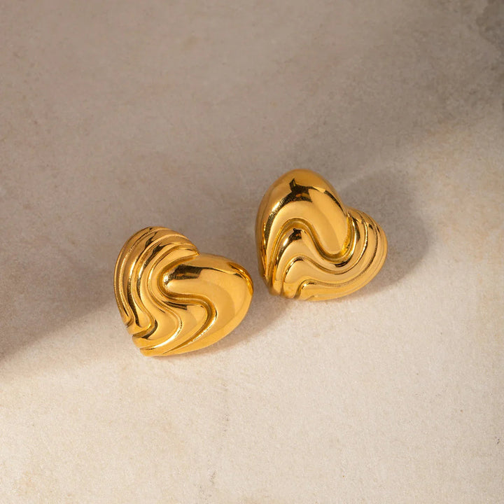 Gold-Plated Heart Earrings with Wavy Design