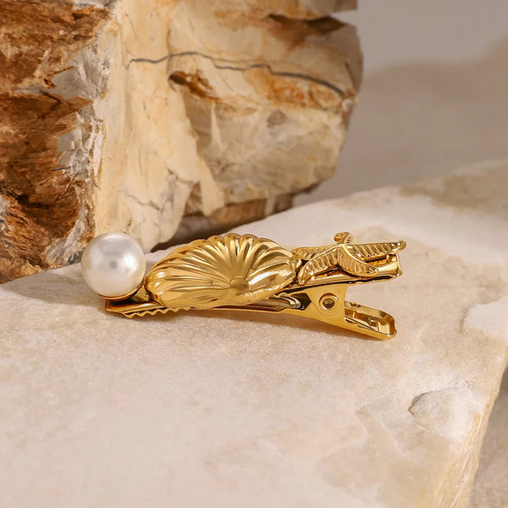 Gold-Plated Seashell Starfish and Faux Pearl Hair Clip