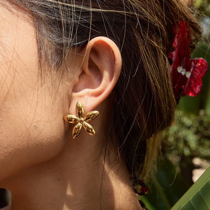 Gold Plated Stainless Steel Floral Stud Earrings for Women