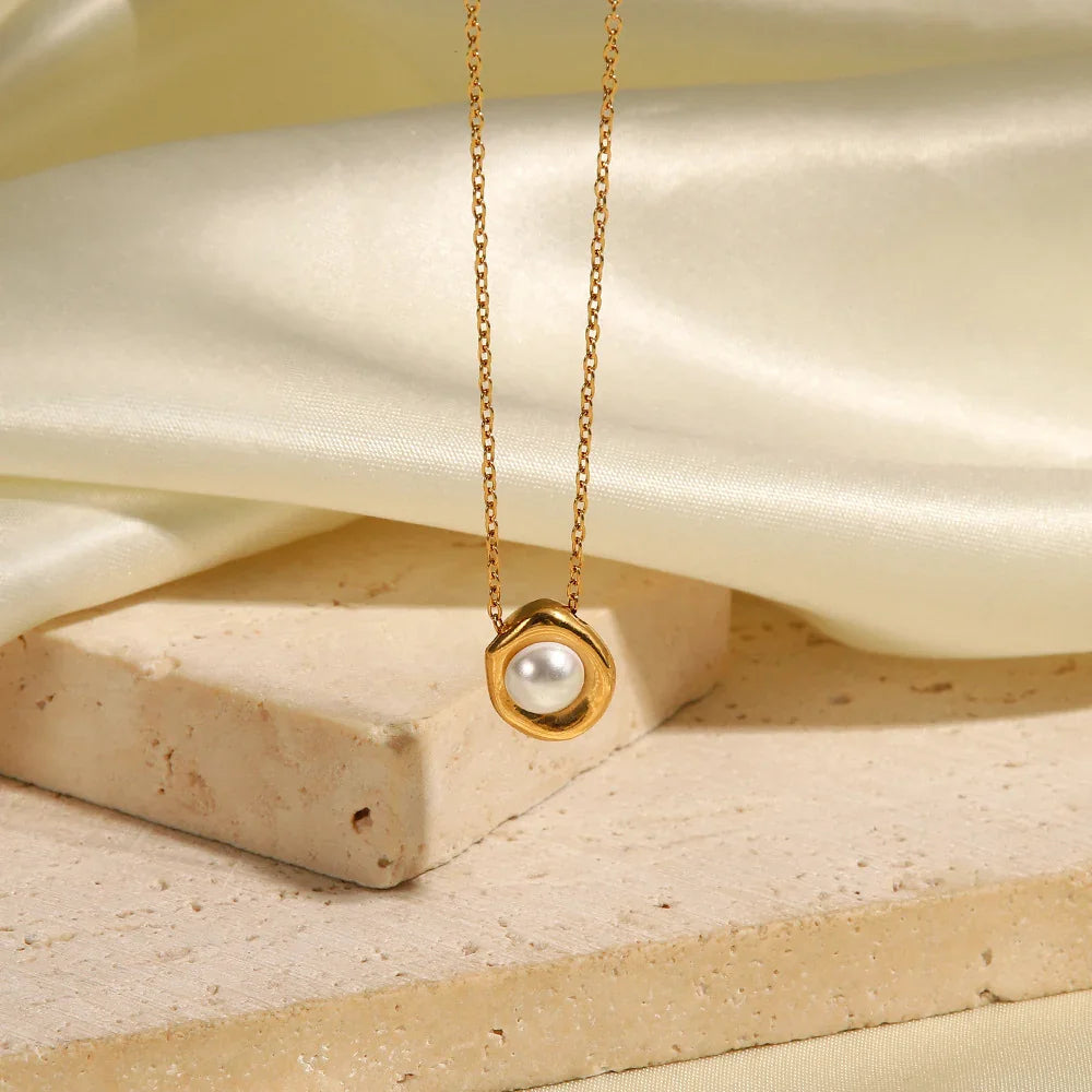 Gold-Tone Faux Pearl Oval Pendant Necklace