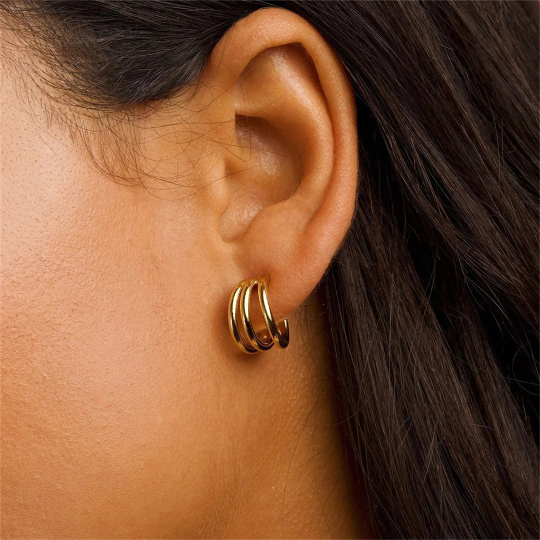 Gold-Plated Hoop Earrings Women Triple Band