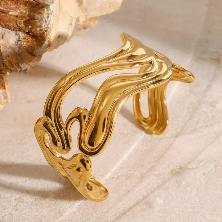 Gold-Plated Wavy Open-Ended Bangle