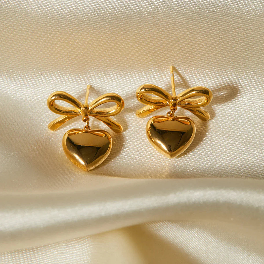 Gold Heart French Knot Earrings with Waterproof