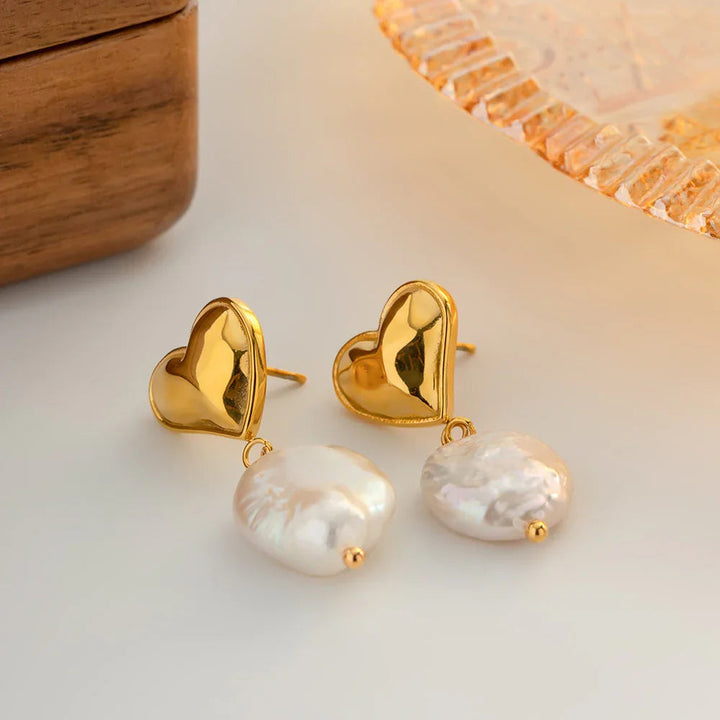Gold-Plated Freshwater Pearl Earrings with Heart Design