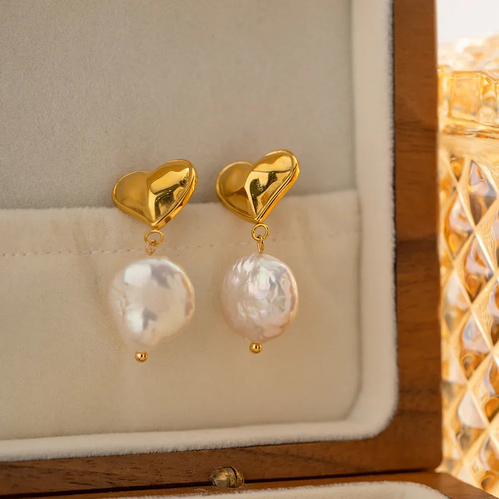 Gold-Plated Freshwater Pearl Earrings with Heart Design