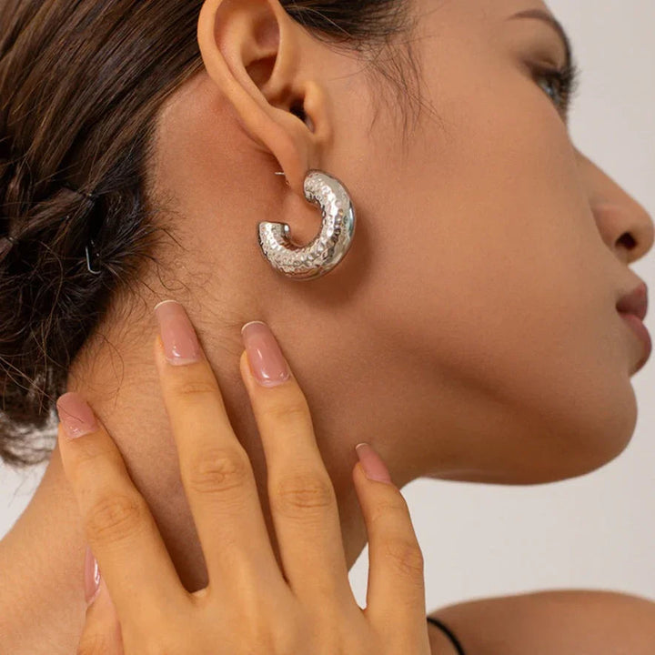 Hammered Stainless Silver Hoop Earrings