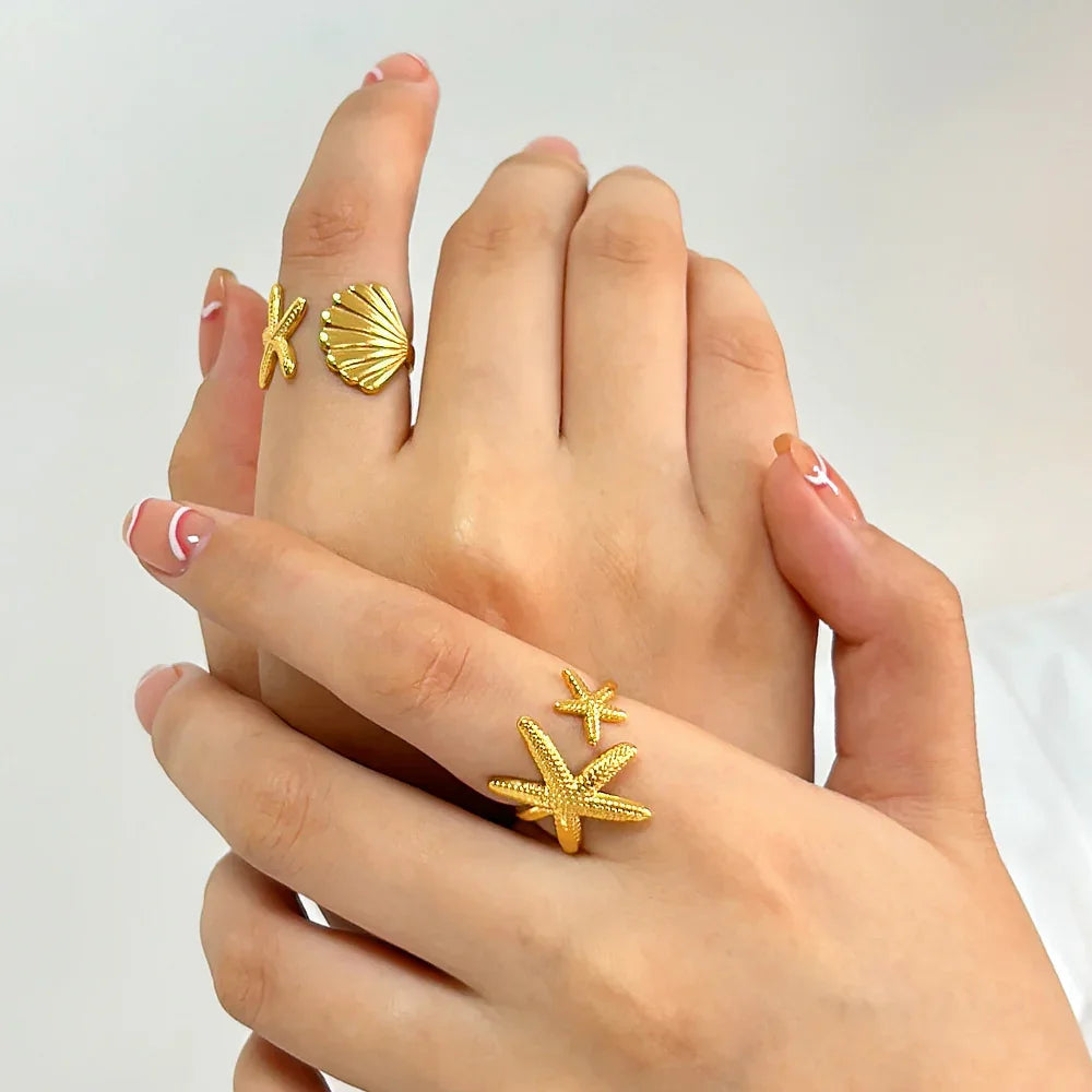 Gold-Plated Seashell and Starfish Adjustable Ring