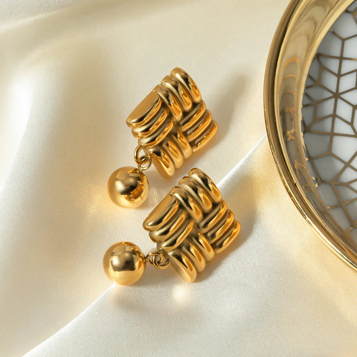 Gold-Plated Crisscross Square Earring and Whimsical Sphere Detail