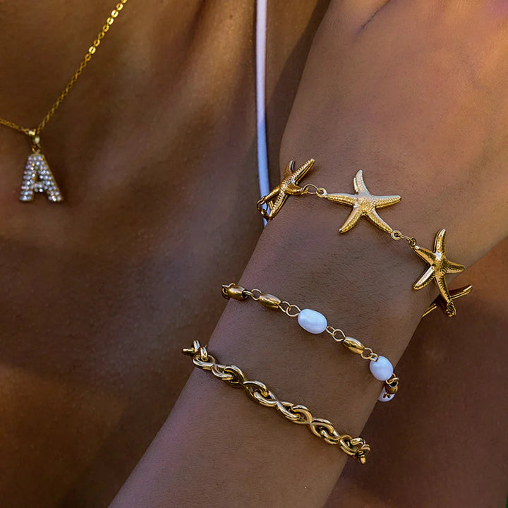 Gold Plated Faux Pearl Bracelet Set for Women