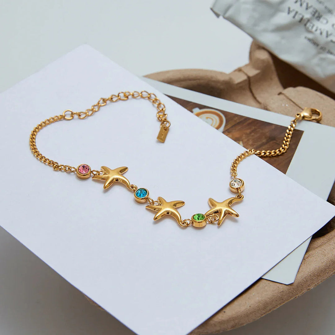 Gold Plated Stainless Steel Crystal Starfish Bracelet for Women