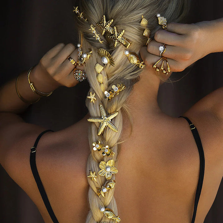 Gold-Plated Sea Shell &amp;amp; Starfish Hair Clip with Faux Pearl