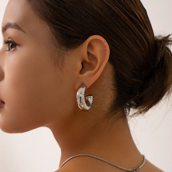 Hammered Stainless Silver Hoop Earrings
