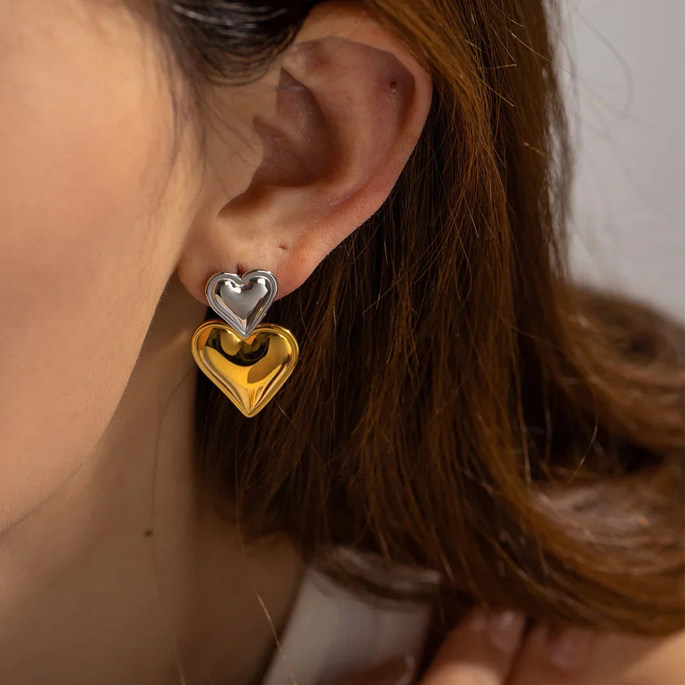 Gold Silver Two-Tone Heart Earrings with Stainless Steel