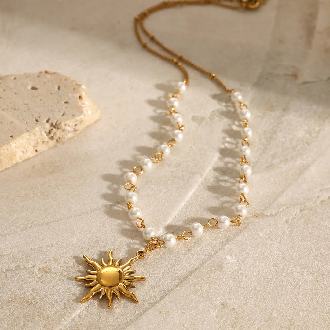 Gold-Plated Sun Pendant Freshwater Faux Pearl Necklace