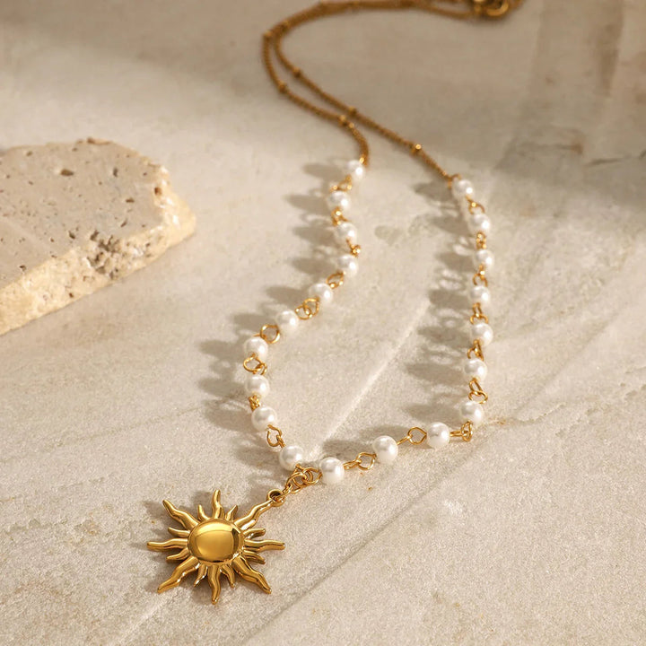 Gold-Plated Sun Pendant Freshwater Faux Pearl Necklace