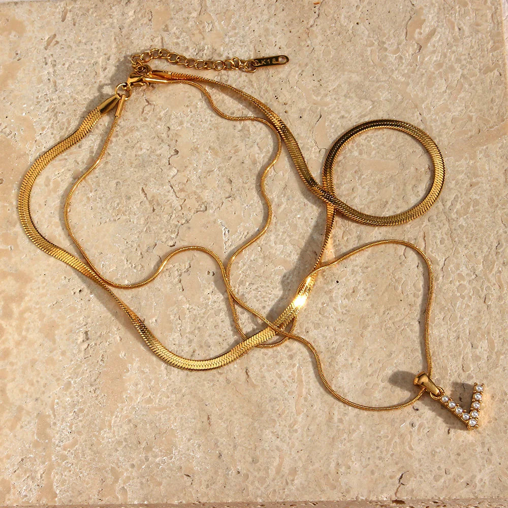 Gold-Plated Layered Initial Letter Necklace with Freshwater Pearls