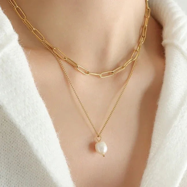 Gold Plated Faux Pearl Layered Pendant Necklace for Women