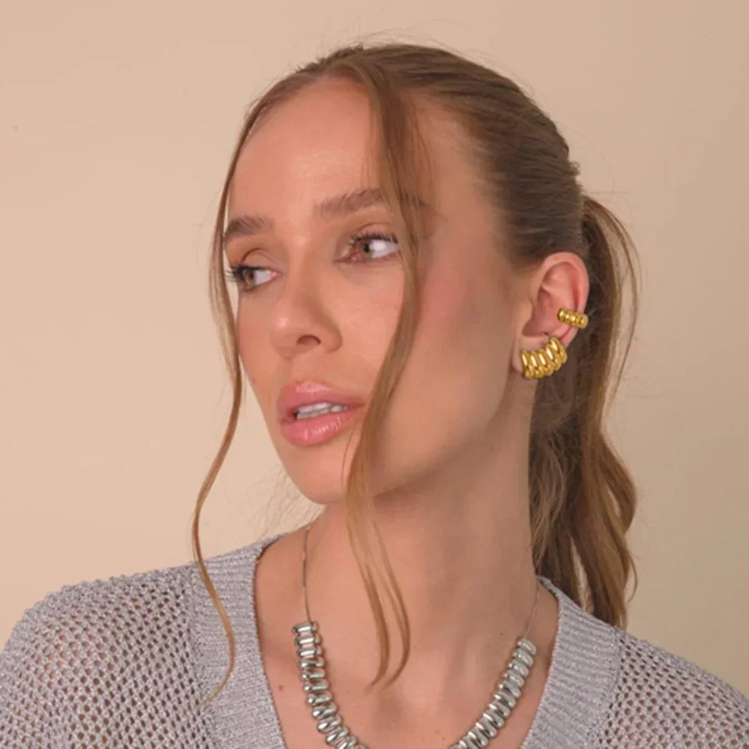 Gold-Plated Textured Huggie Earrings with Cluster Design