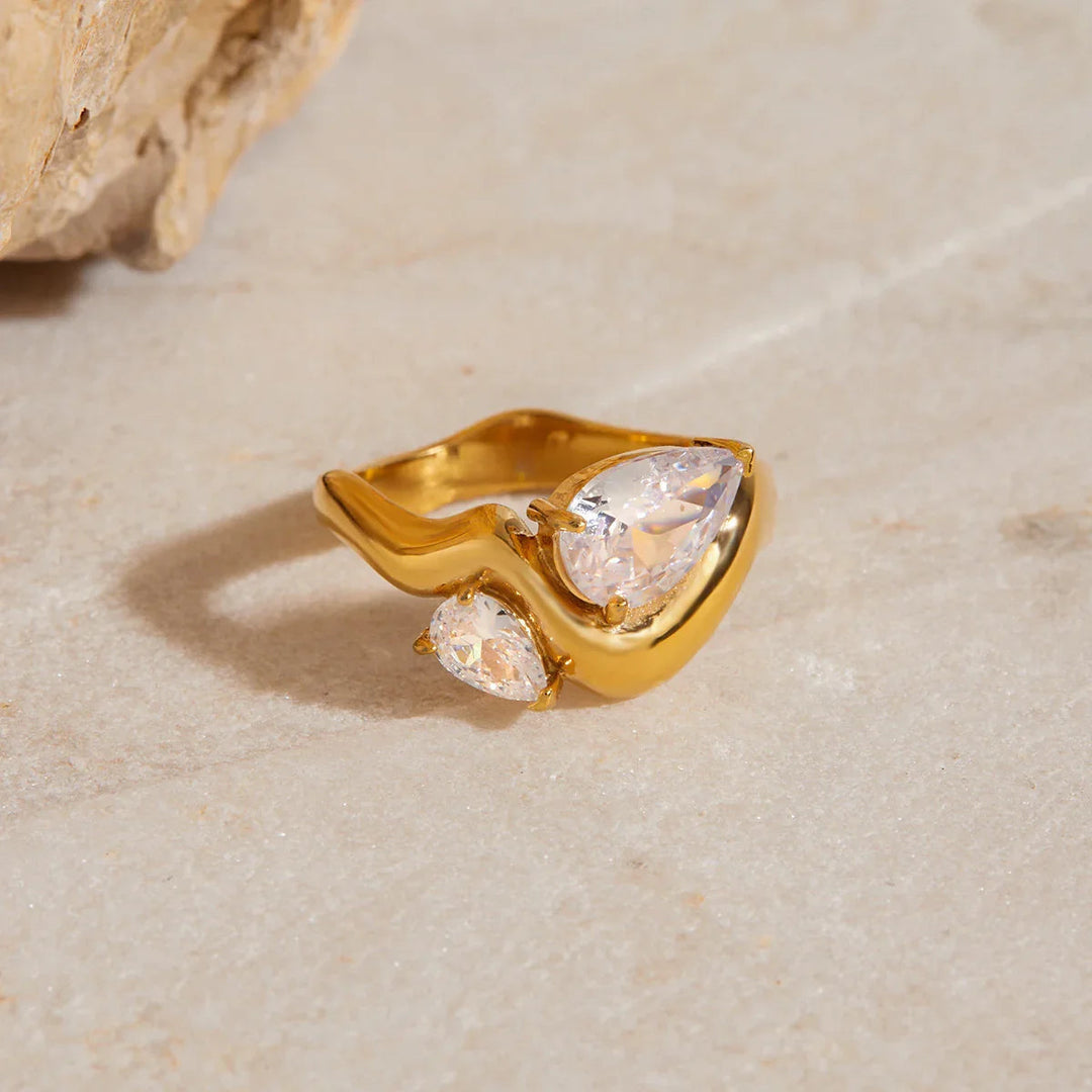 Gold Plated Cubic Zirconia Teardrop Statement Ring for Women