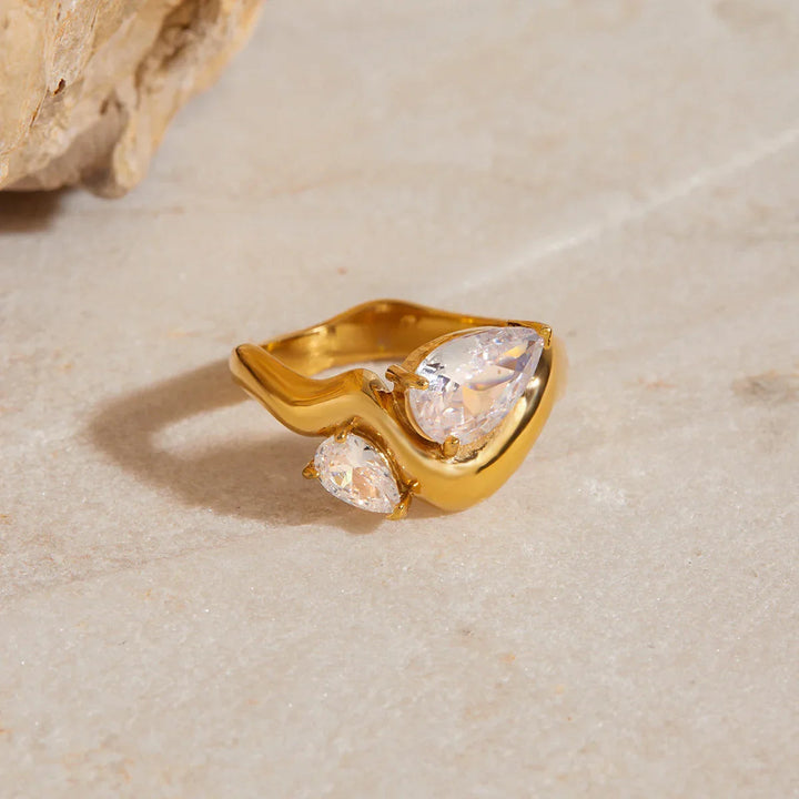 Gold Plated Cubic Zirconia Teardrop Statement Ring for Women