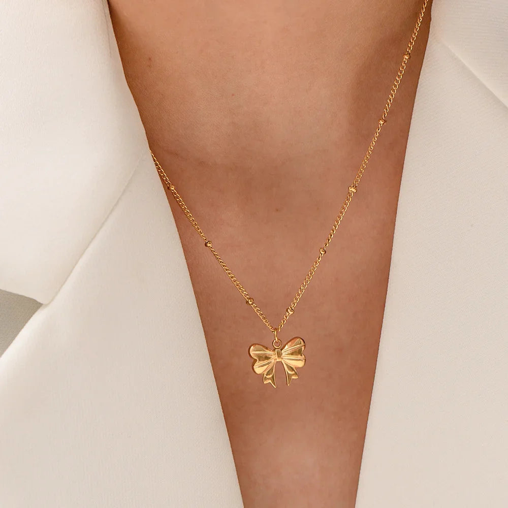 Gold-Plated Ribbon Necklace with Butterfly Pendant