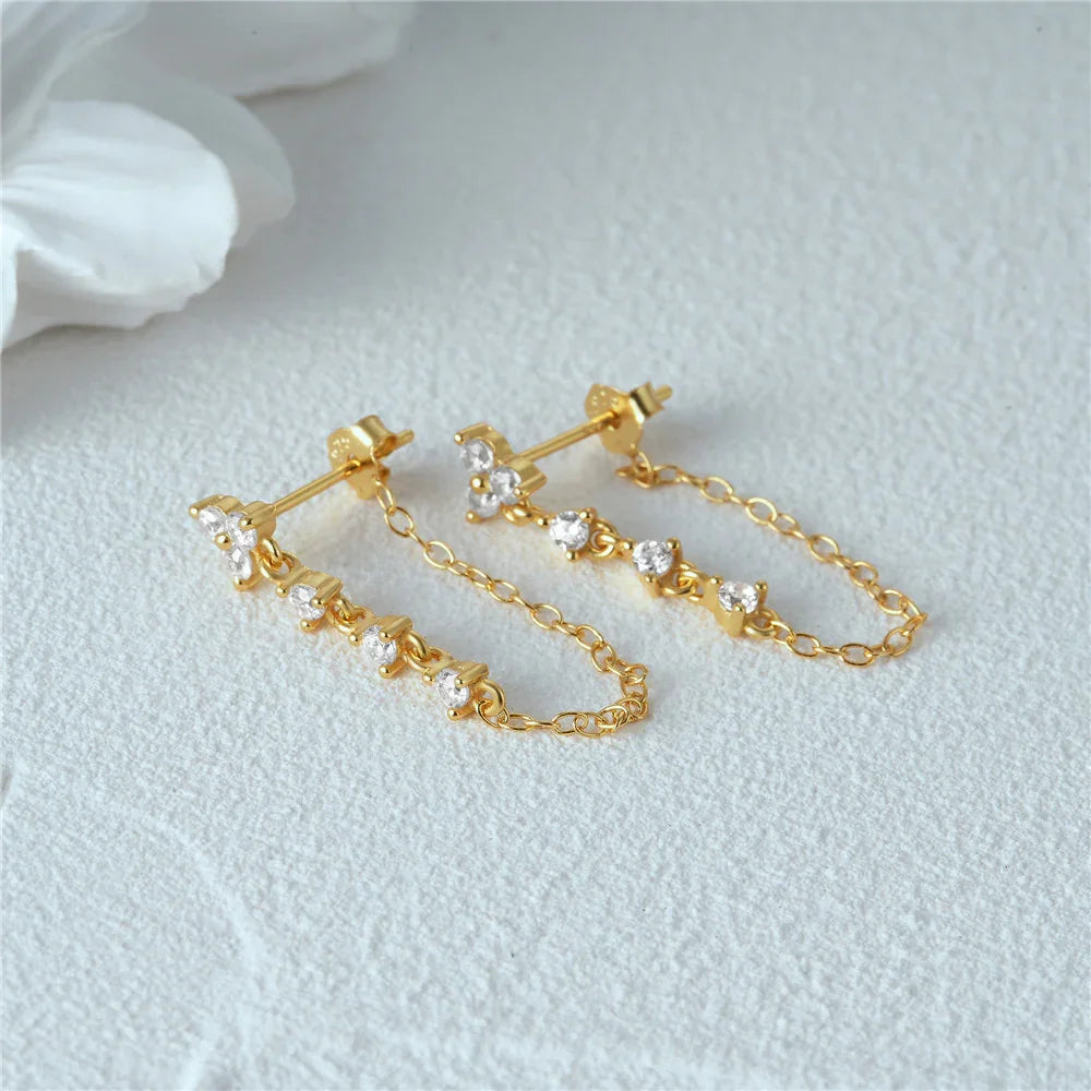 Gold-Plated Diamond Chain Stud Earrings