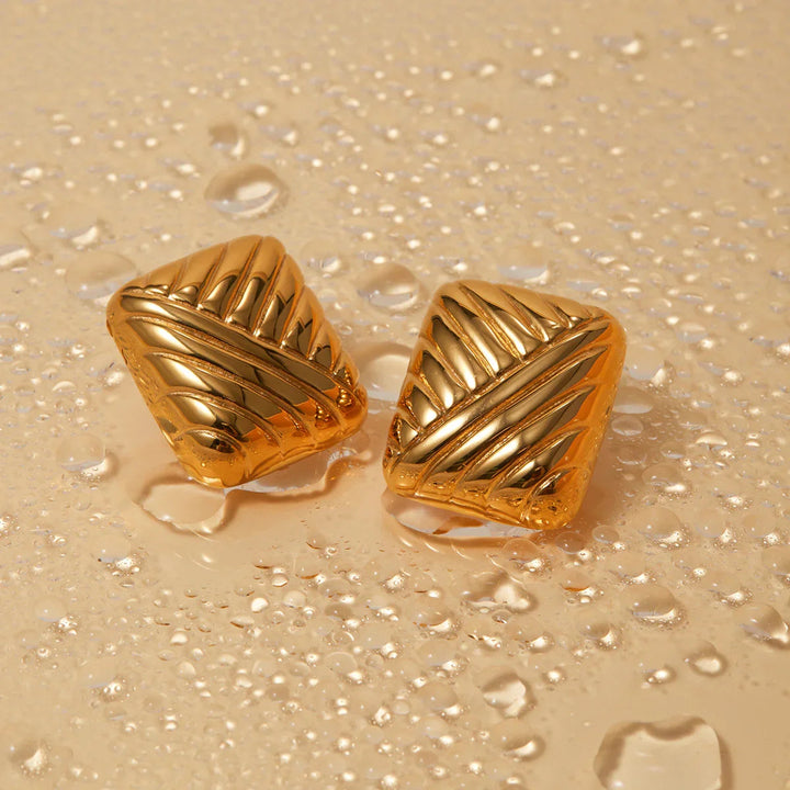 Gold-Plated Rectangular Earrings with Diagonal Engravings