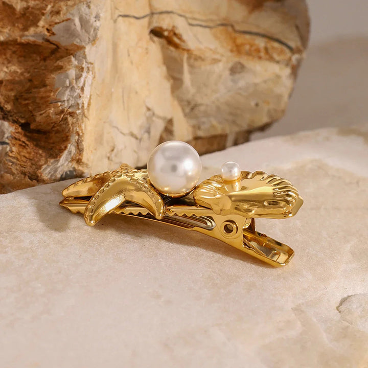 Gold-Plated Sea Shell &amp;amp; Starfish Hair Clip with Faux Pearl