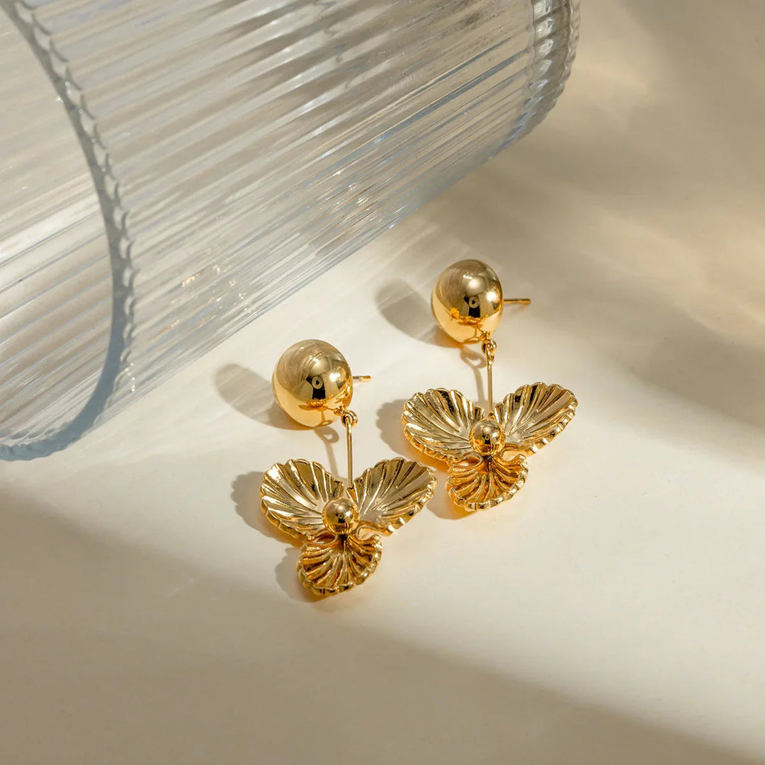 Gold-Plated Drop Earrings with Carved Petals