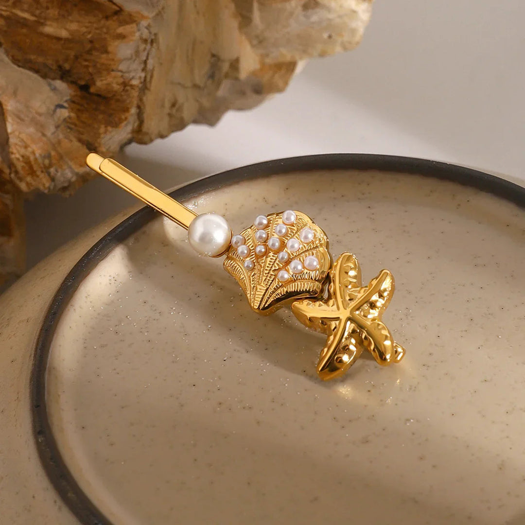 Gold-Plated Pearl Pin with Starfish &amp; Shell Detail