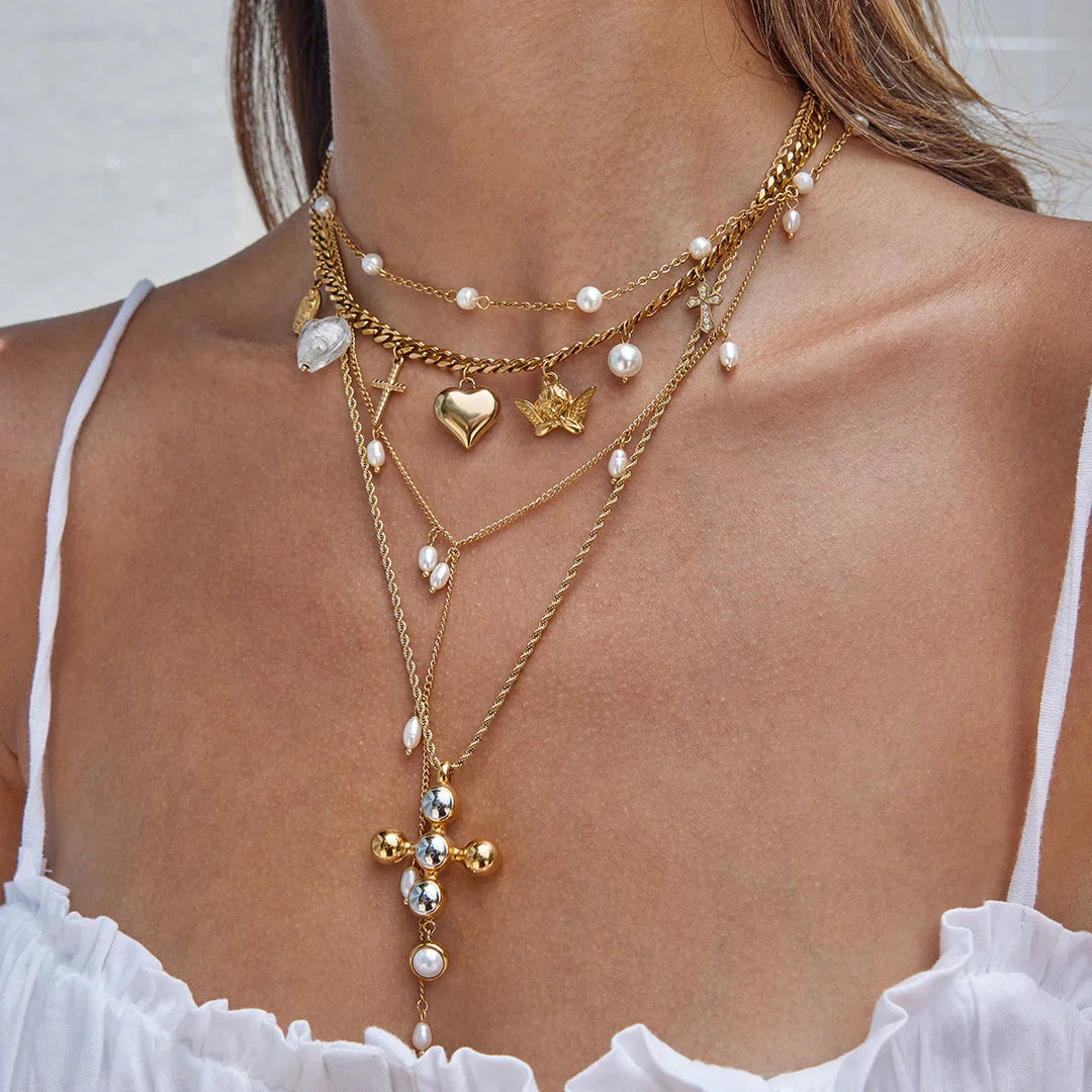 Gold Plated Faux Pearl Layered Necklace Set for Women
